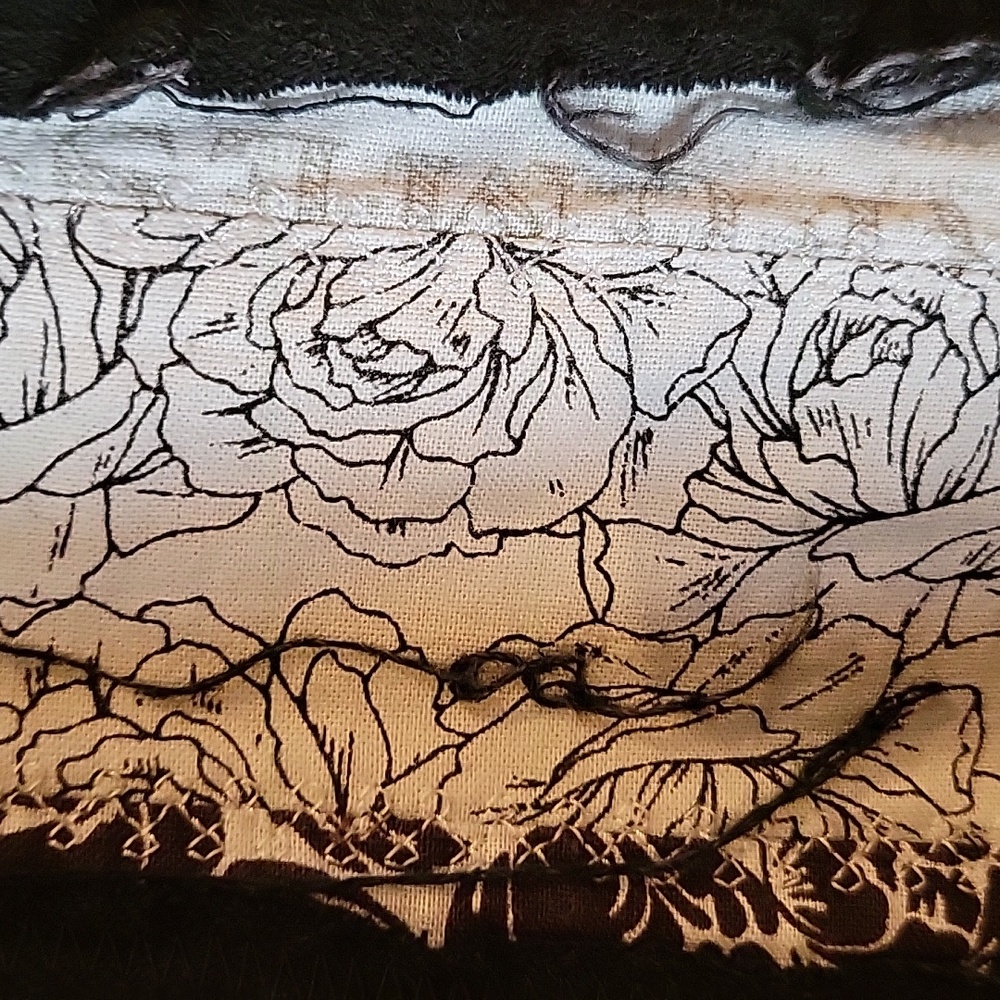 HAND CRAFTED Maxi Skirt UPCYCLED Black Denim Floral Pink Black Prints Size 12 - Picture 15 of 16